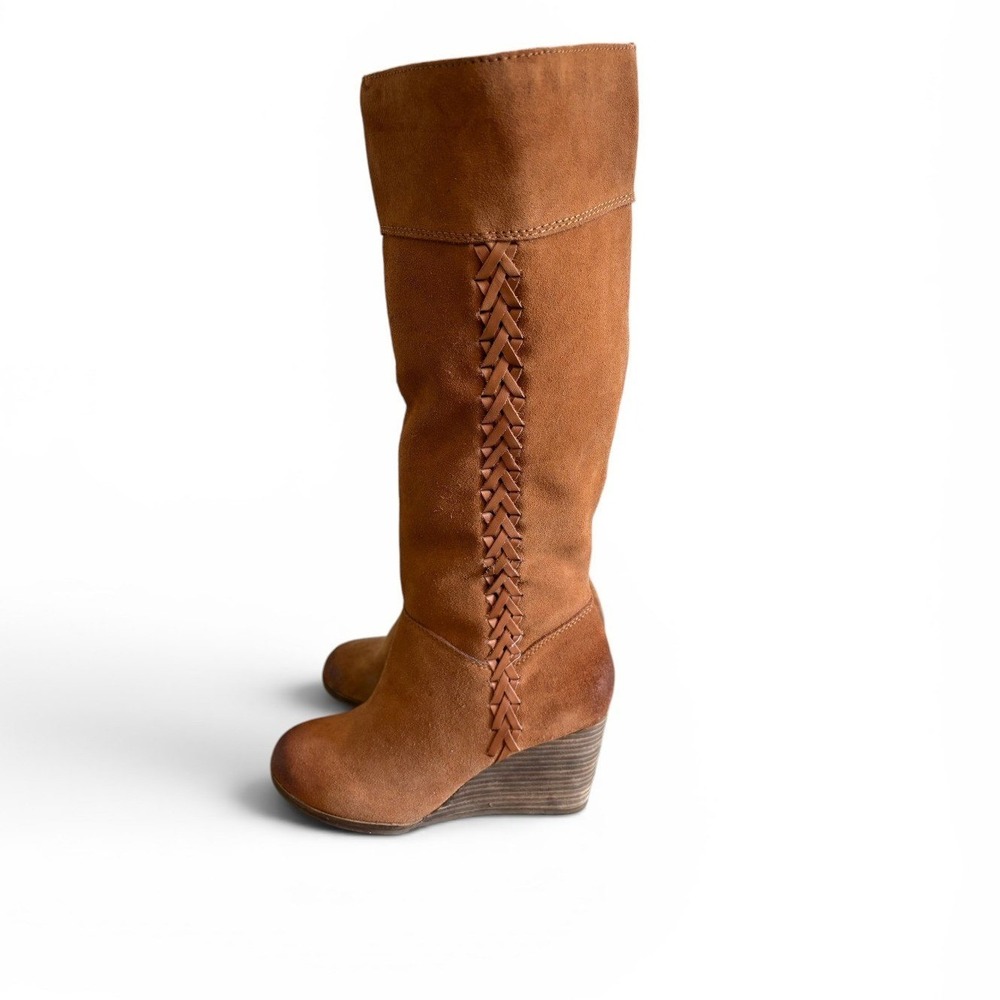 Lucky Brand Sanna Bombay‎ Tan Suede Tall Wedge Boots Braided Detail Womens 7.5